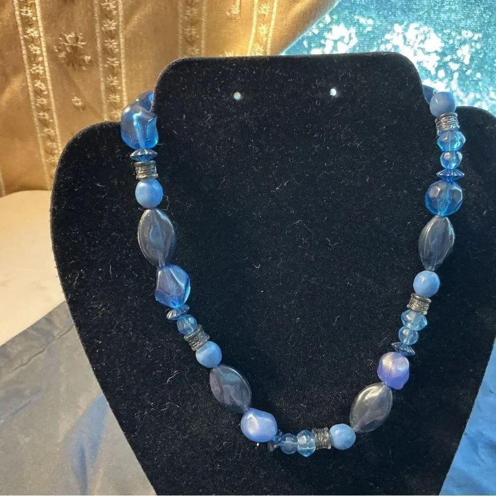 Blue Beaded Necklace with Silvertone Lobster Claw Clasp
